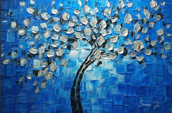 Blue and silver impasto texture abstract tree painting with thick, textured brushstrokes on a vibrant blue background, ready to hang.