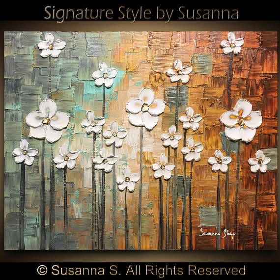 Original Painting White Flower Blossoms Modern Abstract Landscape, Earth tones Grey Beige Impasto Textured palette knife art by susanna shap (MADE2ORDER)