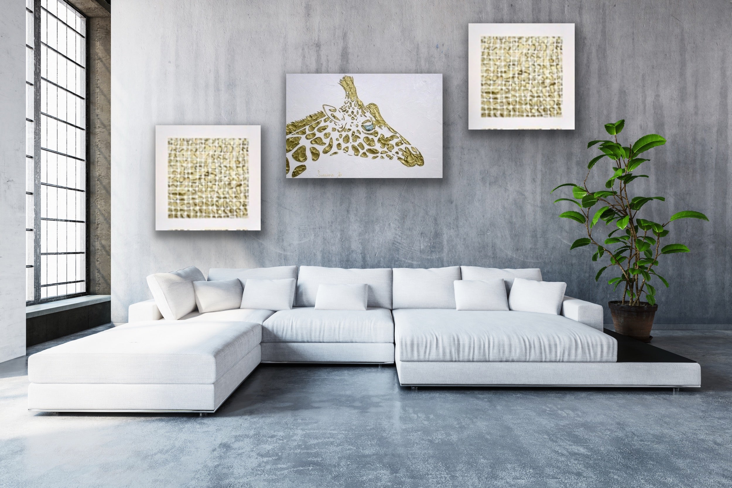 Abstract Original Giraffe Painting, Gold On White, palette knife impasto, 24”x36” MADE2ORDER