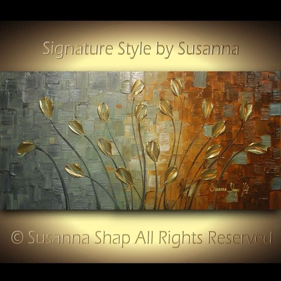 Original Gold Tulips Abstract Landscape No.1 Earth tones Grey Brown Impasto Textured painting palette knife art by susanna shap (MADE2ORDER)