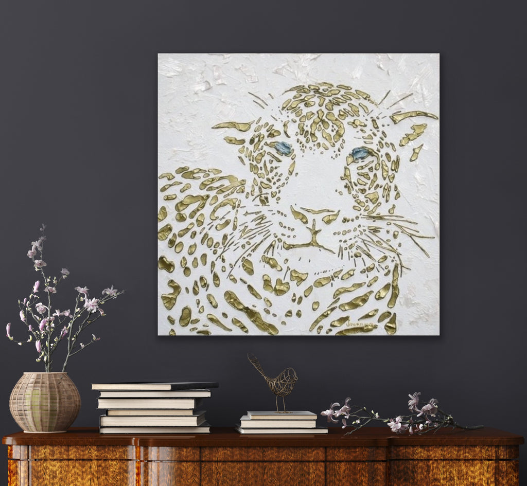 Original Leopard Painting MADE2ORDER Gold On White Textured Palette Knife Art