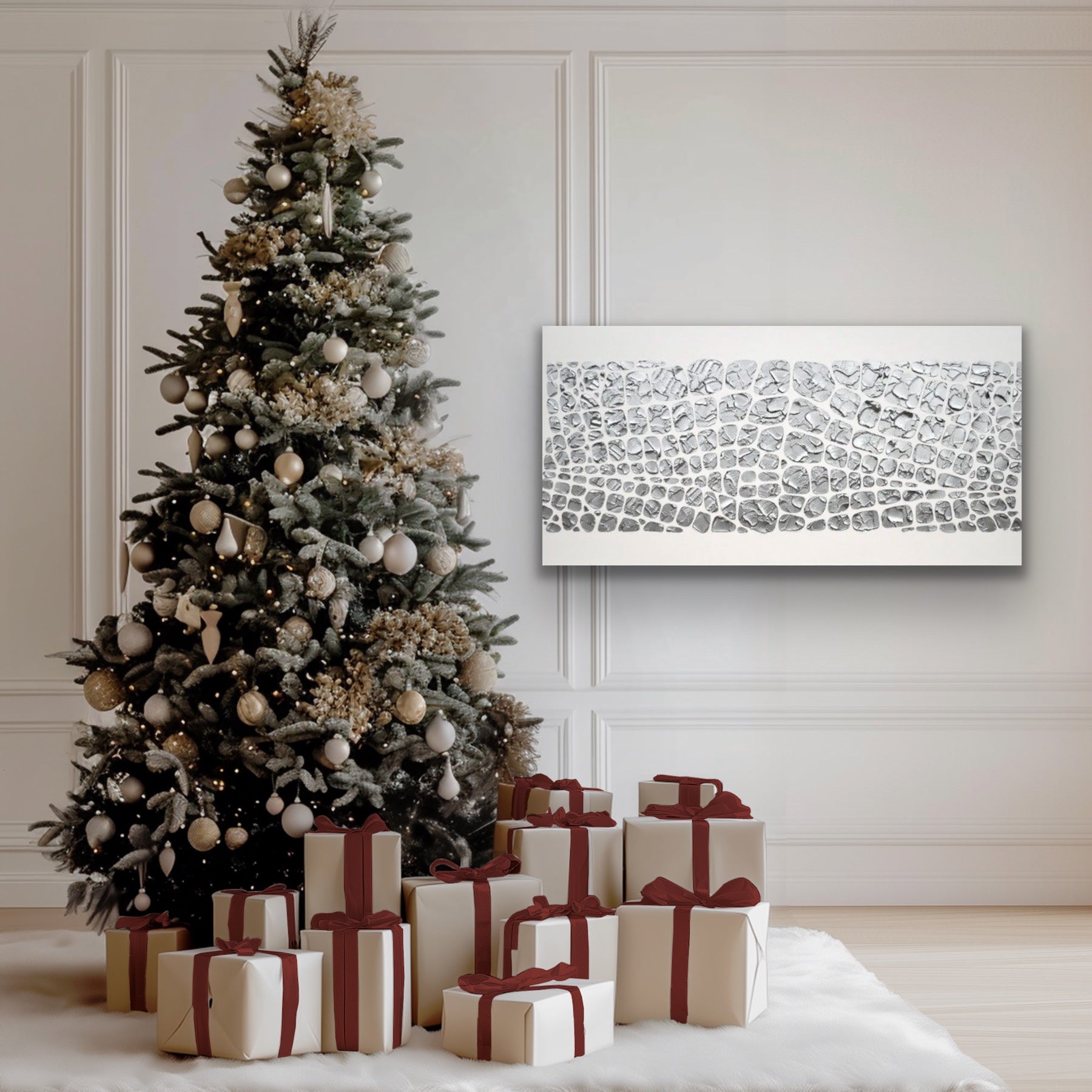 Original painting, metallic silver on white, Textured Large Abstract Art MADE2ORDER Mosaic Painting (48”x24”)
