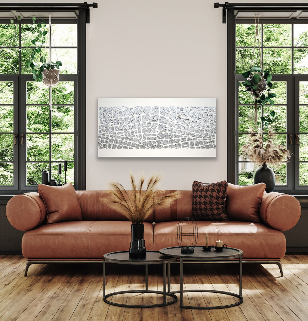 Original painting, metallic silver on white, Textured Large Abstract Art MADE2ORDER Mosaic Painting (48”x24”)