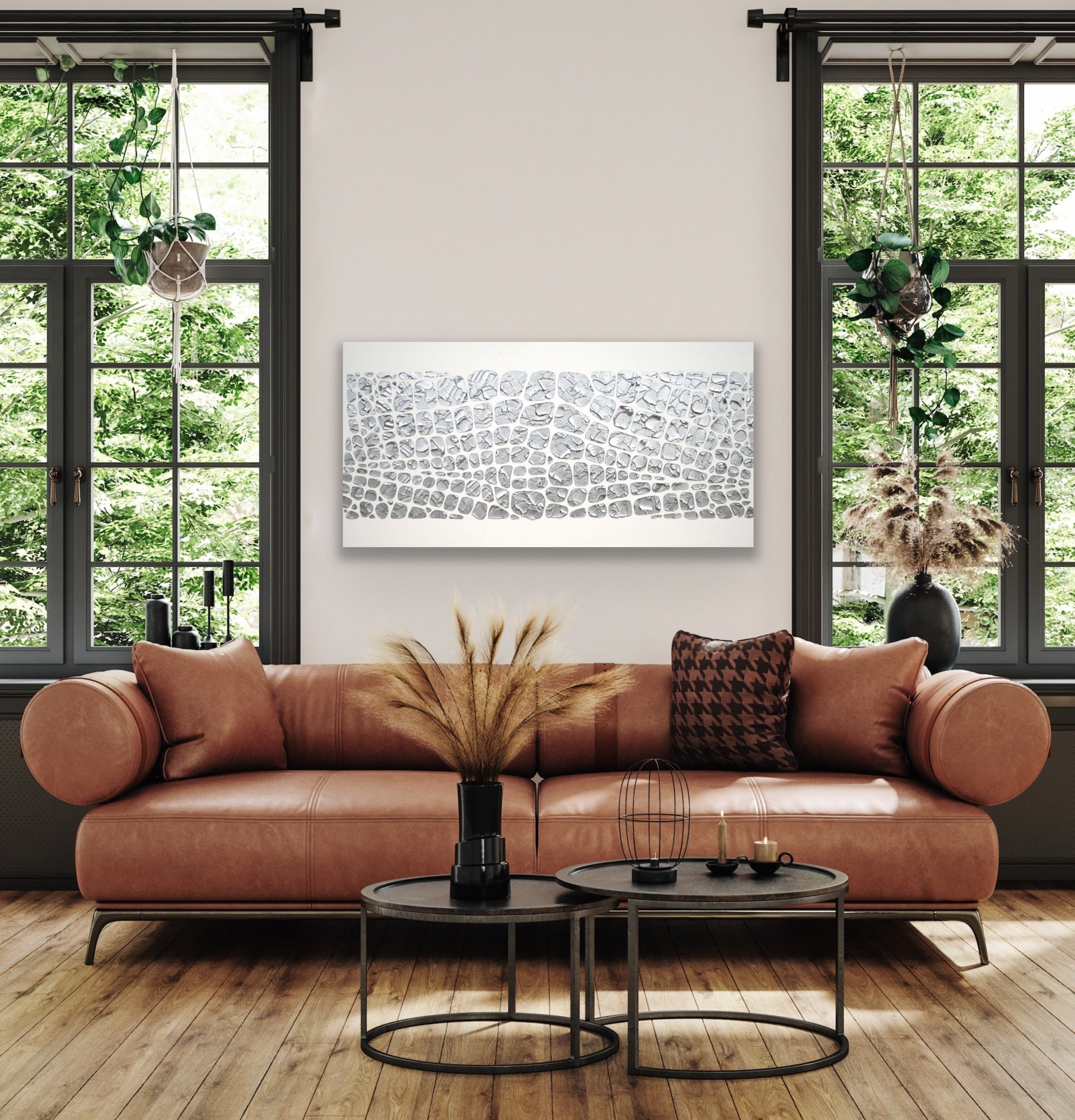 Original painting, metallic silver on white, Textured Large Abstract Art MADE2ORDER Mosaic Painting (48”x24”)