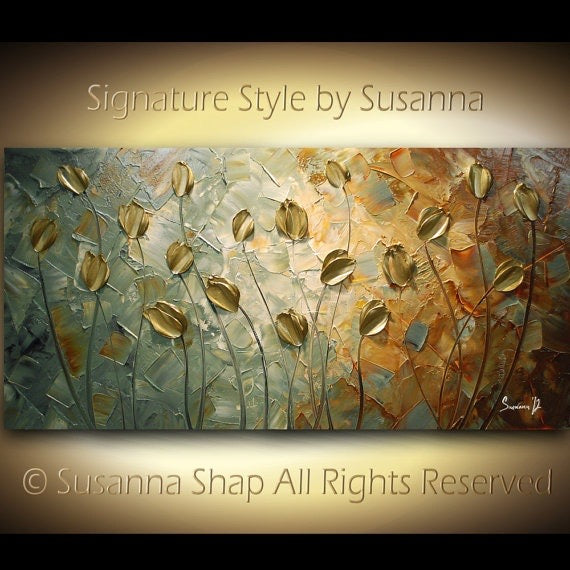 Original Gold Tulips Abstract Landscape No.2 Earth tones Grey Brown Impasto Textured painting palette knife art by susanna shap (MADE2ORDER)