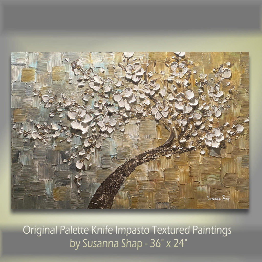 Original Impasto Texture Earth Tones Abstract tree painting White cherry blossom, Grey, Brown & Beige palette knife art by susanna shap (MADE2ORDER)