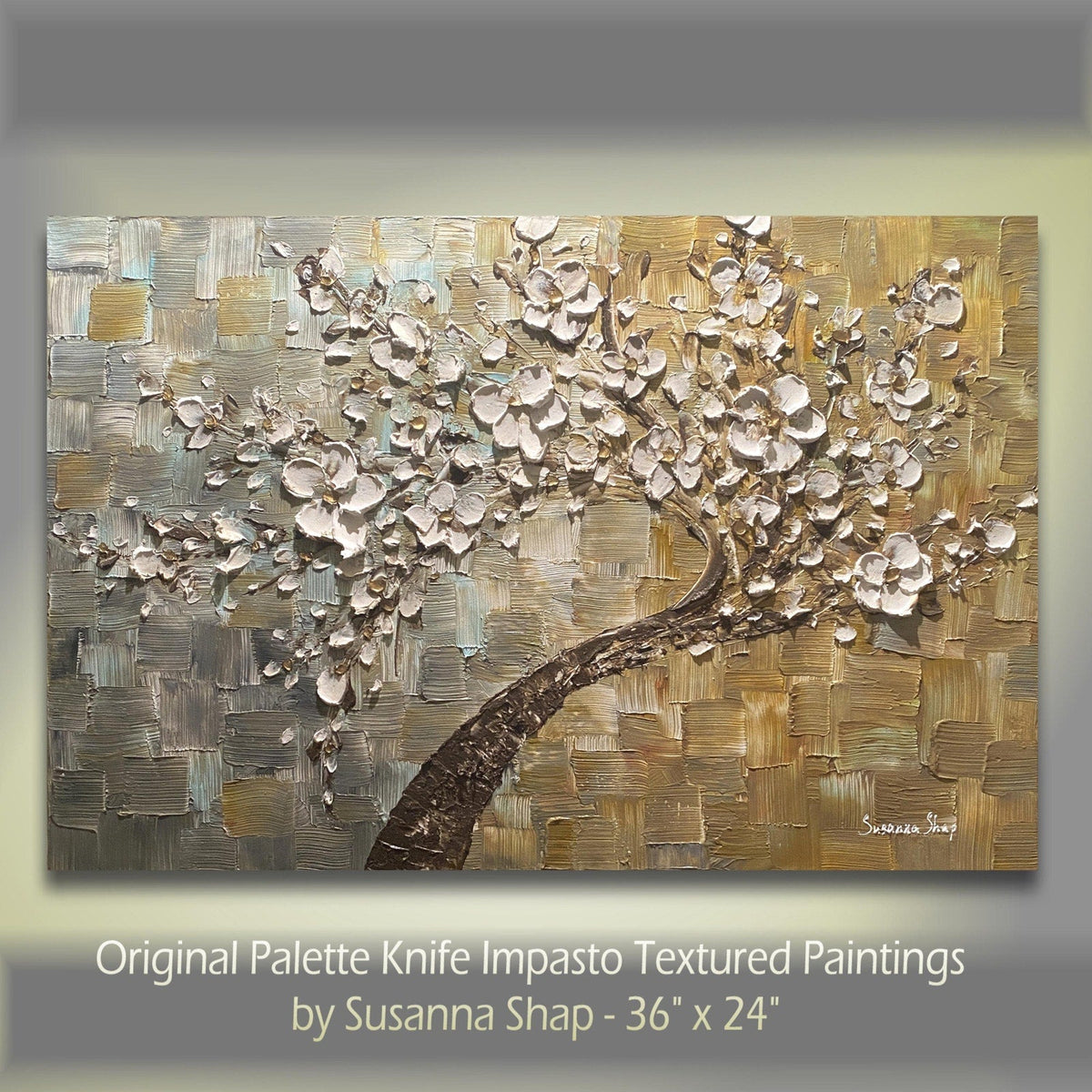 Original Impasto Texture Earth Tones Abstract tree painting White cherry blossom, Grey, Brown & Beige palette knife art by susanna shap (MADE2ORDER)