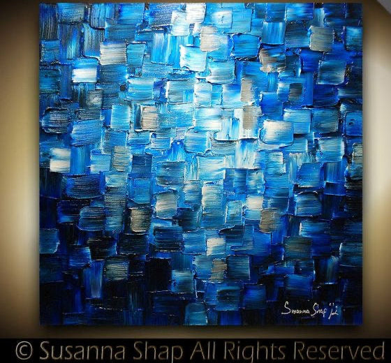 Original Blue Black and silver Modern Art Abstract painting, Geometric Squares Impasto Textured palette knife art by susanna shap (MADE2ORDER)