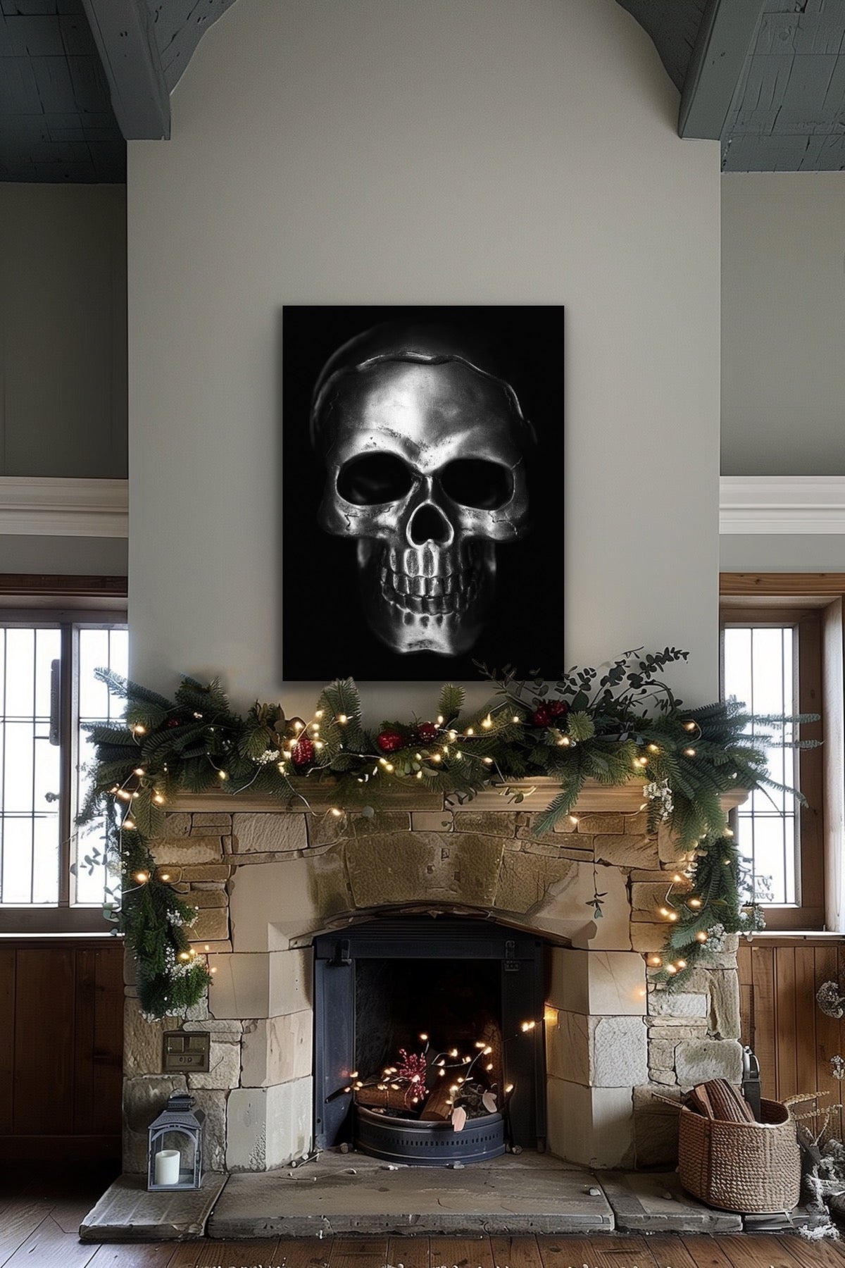 Silver skull on black, Original Photography, Gothic Halloween Wall art home decor, Stretched Canvas, Fine Art Giclee PRINT, Small-X large