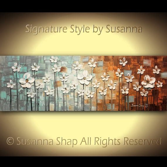 Original Painting White Flower Blossoms Modern Abstract Landscape, Earth tones Grey Beige Impasto Textured palette knife art by susanna shap (MADE2ORDER)