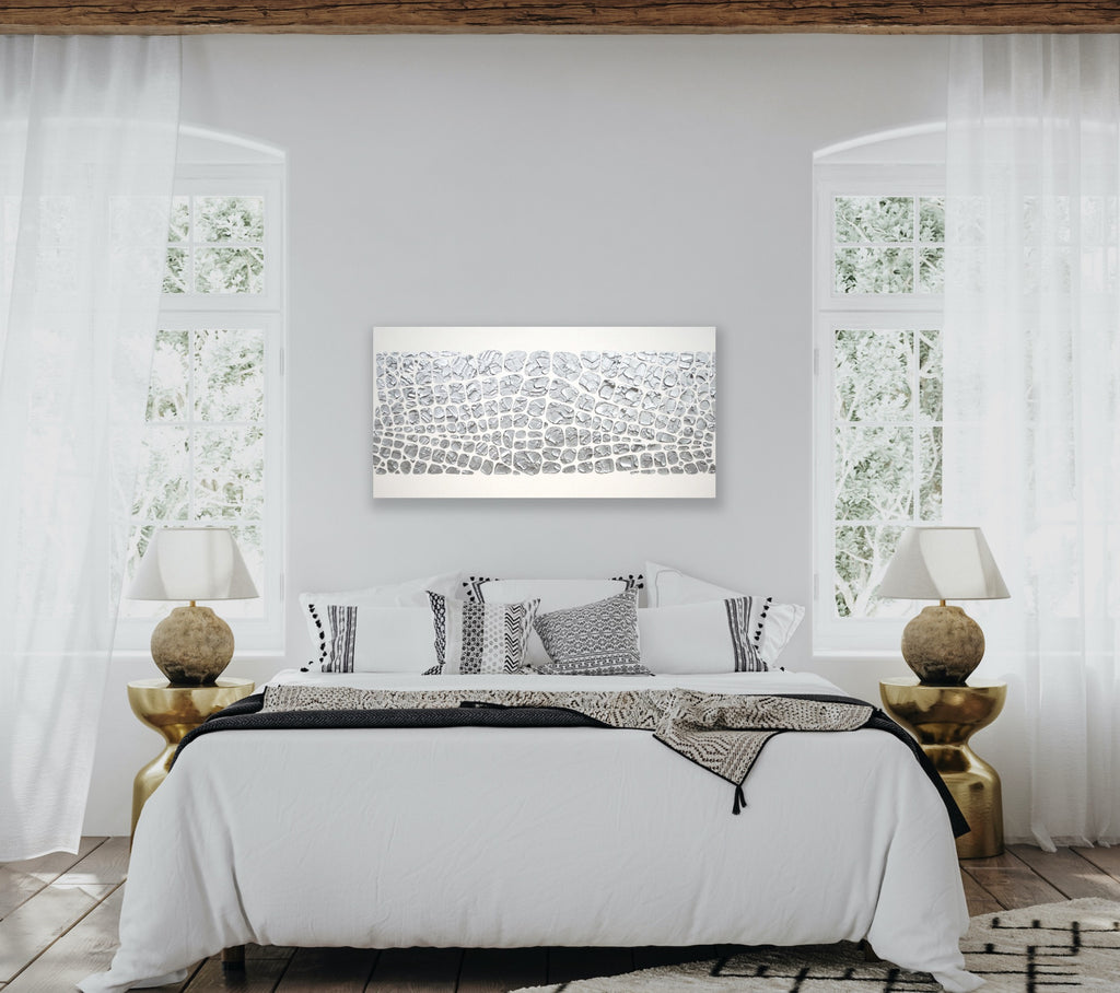 Original painting, metallic silver on white, Textured Large Abstract Art MADE2ORDER Mosaic Painting (48”x24”)
