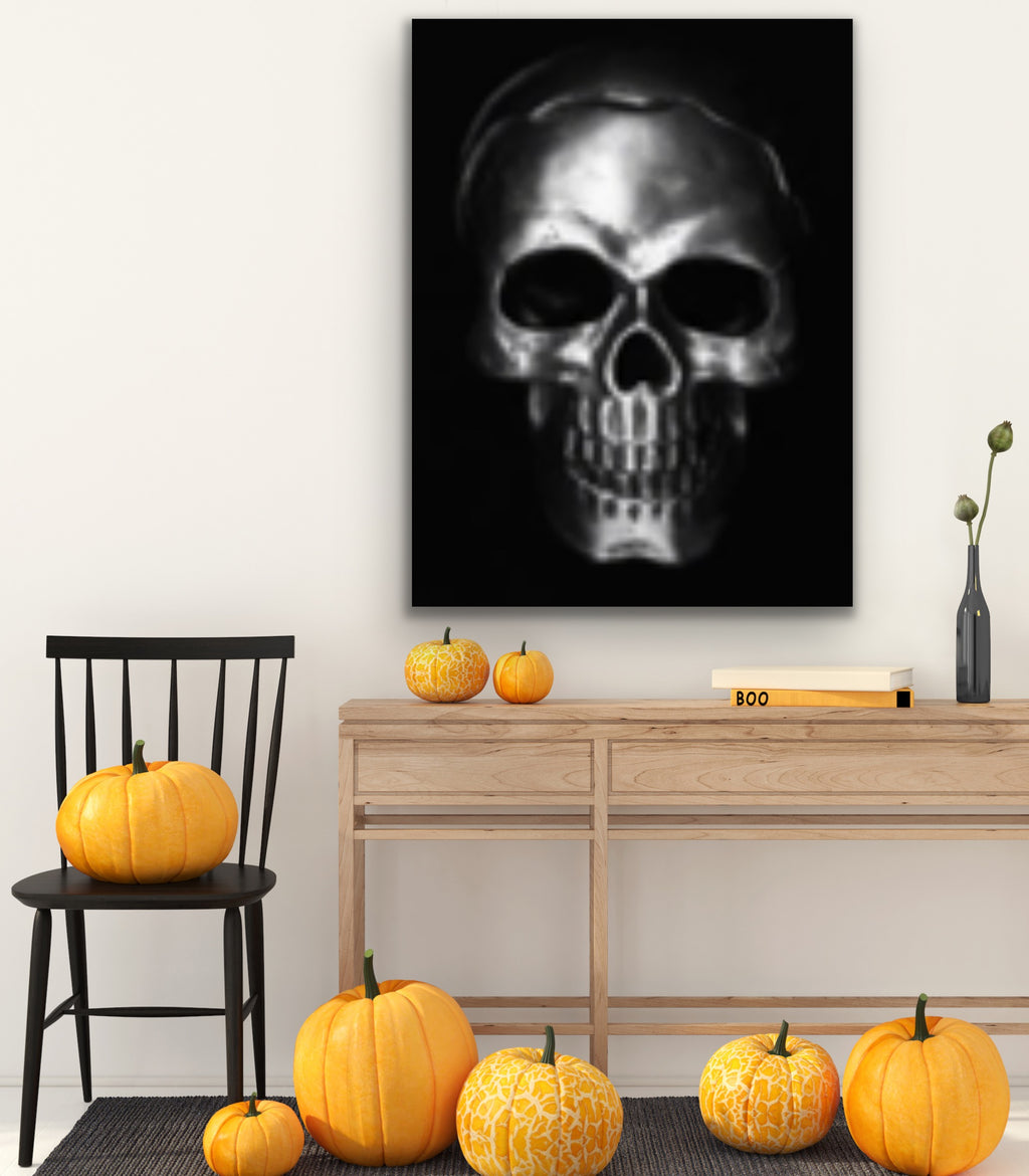 Silver skull on black, Original Photography, Gothic Halloween Wall art home decor, Stretched Canvas, Fine Art Giclee PRINT, Small-X large