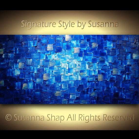 Original Blue Black and silver Modern Art Abstract painting, Geometric Squares Impasto Textured palette knife art by susanna shap (MADE2ORDER)