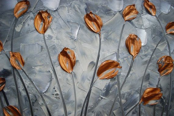 Original Painting Copper Tulips Abstract Landscape, Earth tones Grey Silver Impasto Textured palette knife art by susanna shap (MADE2ORDER)