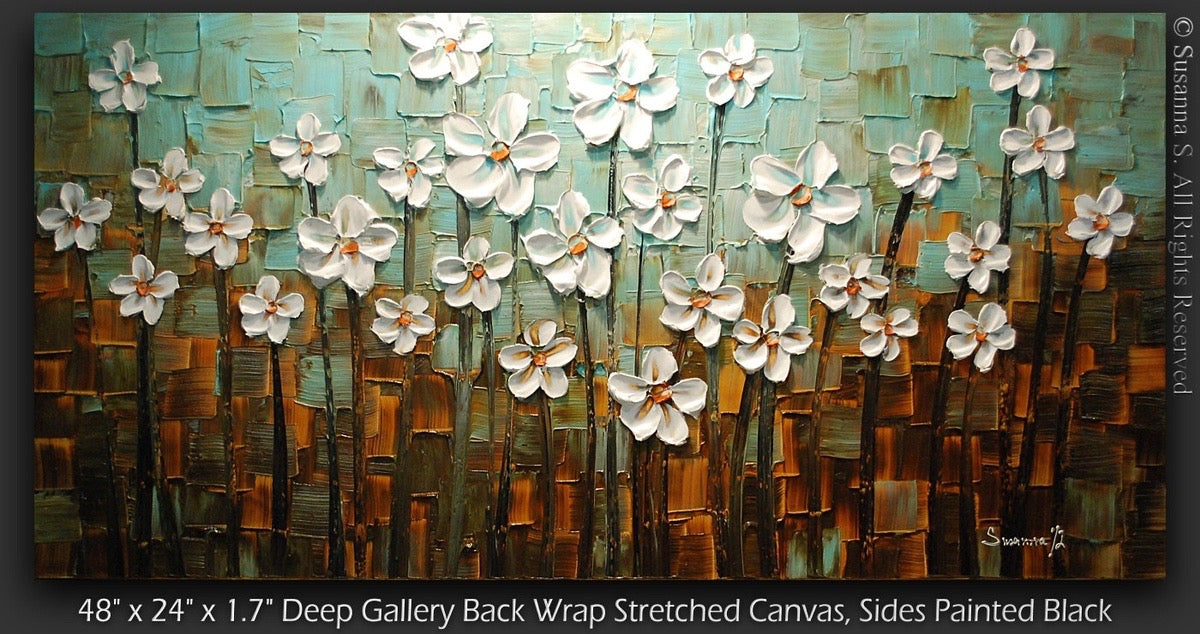 Original Painting White Flower Blossoms no.2 Modern Abstract Landscape, Earth tones Grey Beige Impasto Textured palette knife art by susanna shap (MADE2ORDER)