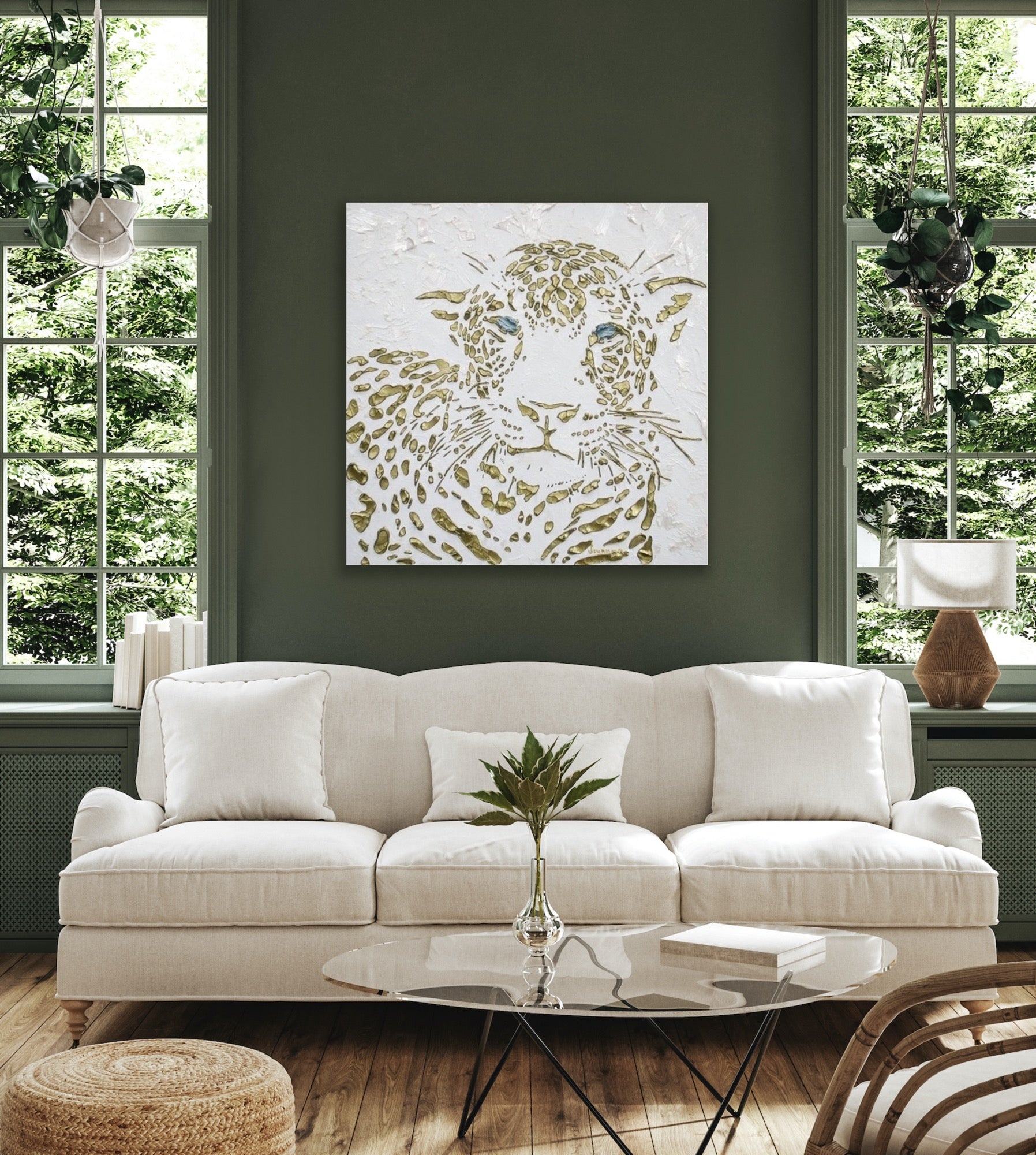 Original Leopard Painting MADE2ORDER Gold On White Textured Palette Knife Art
