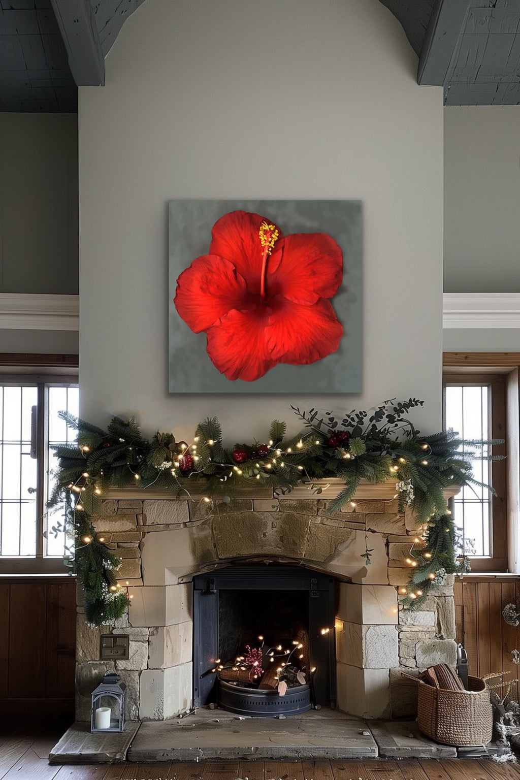 Red hibiscus on grey, Original Photography, Wall art, Stretched Canvas, red Christmas decor, Single red flower Fine Art Giclee PRINT, susanna shap