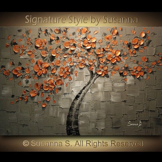 Original Copper Cherry Blossom Tree Modern Abstract Landscape, Impasto Textured painting palette knife art by susanna shap (MADE2ORDER)