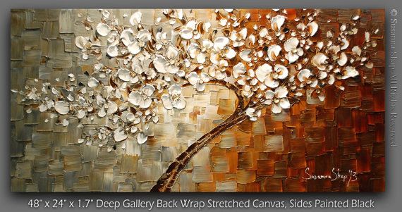 Original Abstract tree painting White cherry blossom, Grey, Brown & Beige textured palette knife impasto art by susanna shap (MADE2ORDER)