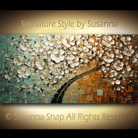 Original Abstract tree painting White cherry blossom textured palette knife impasto art in Earth Tones, by susanna shap (MADE2ORDER)