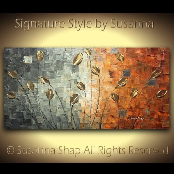 Original Gold Tulips Abstract Landscape No.1 Earth tones Grey Brown Impasto Textured painting palette knife art by susanna shap (MADE2ORDER)