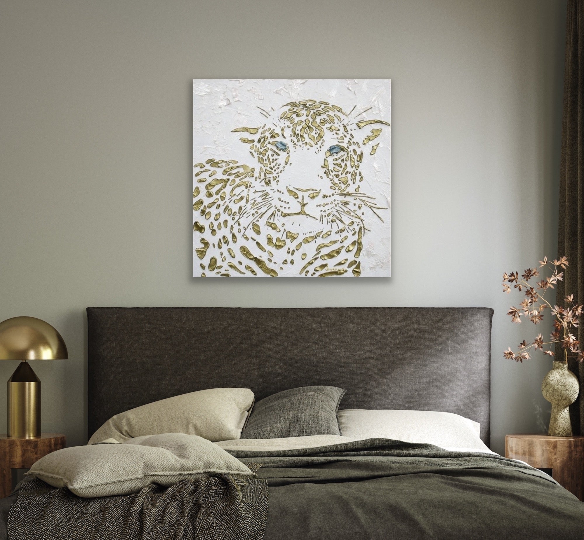 Original Leopard Painting MADE2ORDER Gold On White Textured Palette Knife Art