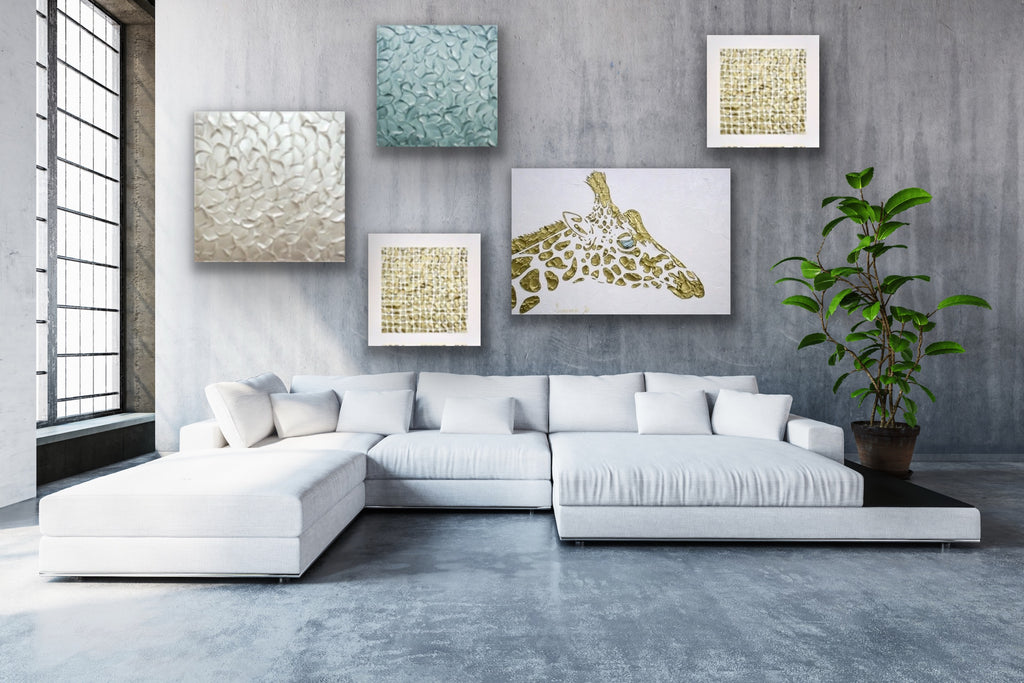Abstract Original Giraffe Painting, Gold On White, palette knife impasto, 24”x36” MADE2ORDER