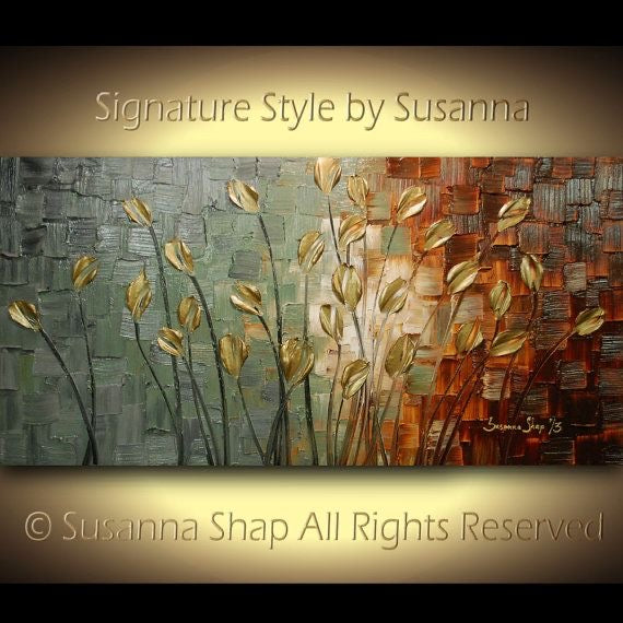 Original Gold Tulips Abstract Landscape No.1 Earth tones Grey Brown Impasto Textured painting palette knife art by susanna shap (MADE2ORDER)