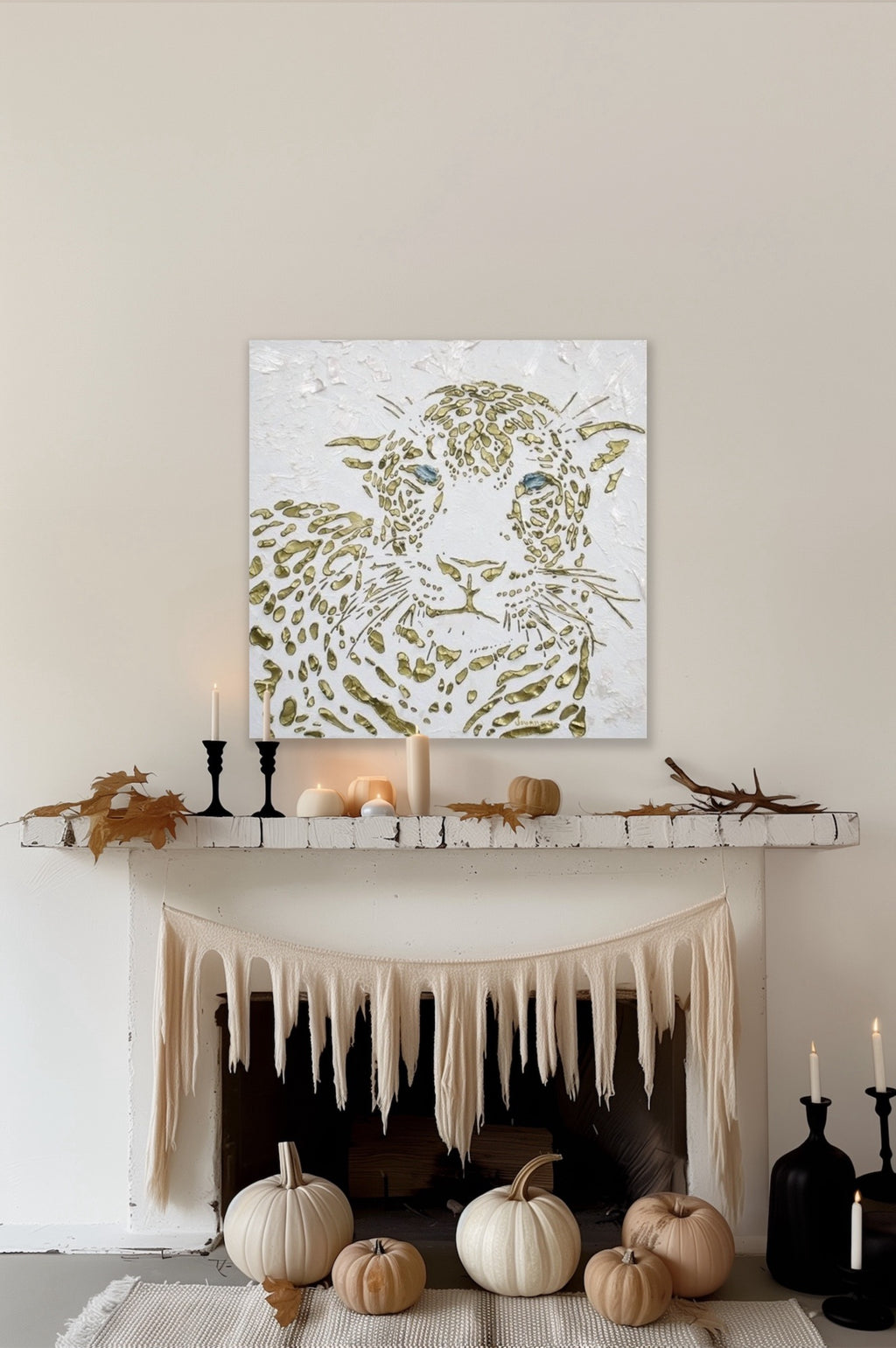 Original Leopard Painting MADE2ORDER Gold On White Textured Palette Knife Art
