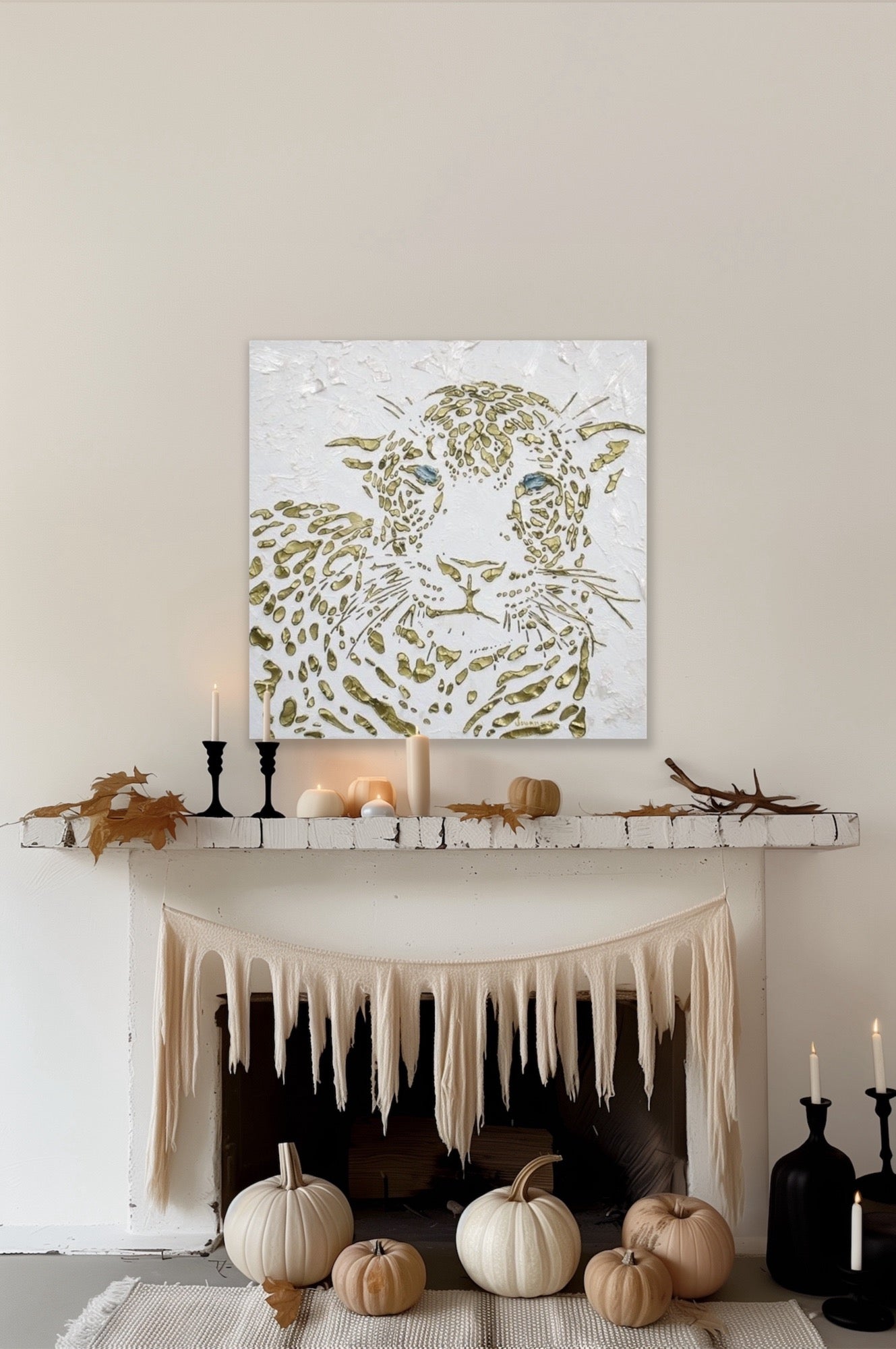 Original Leopard Painting MADE2ORDER Gold On White Textured Palette Knife Art