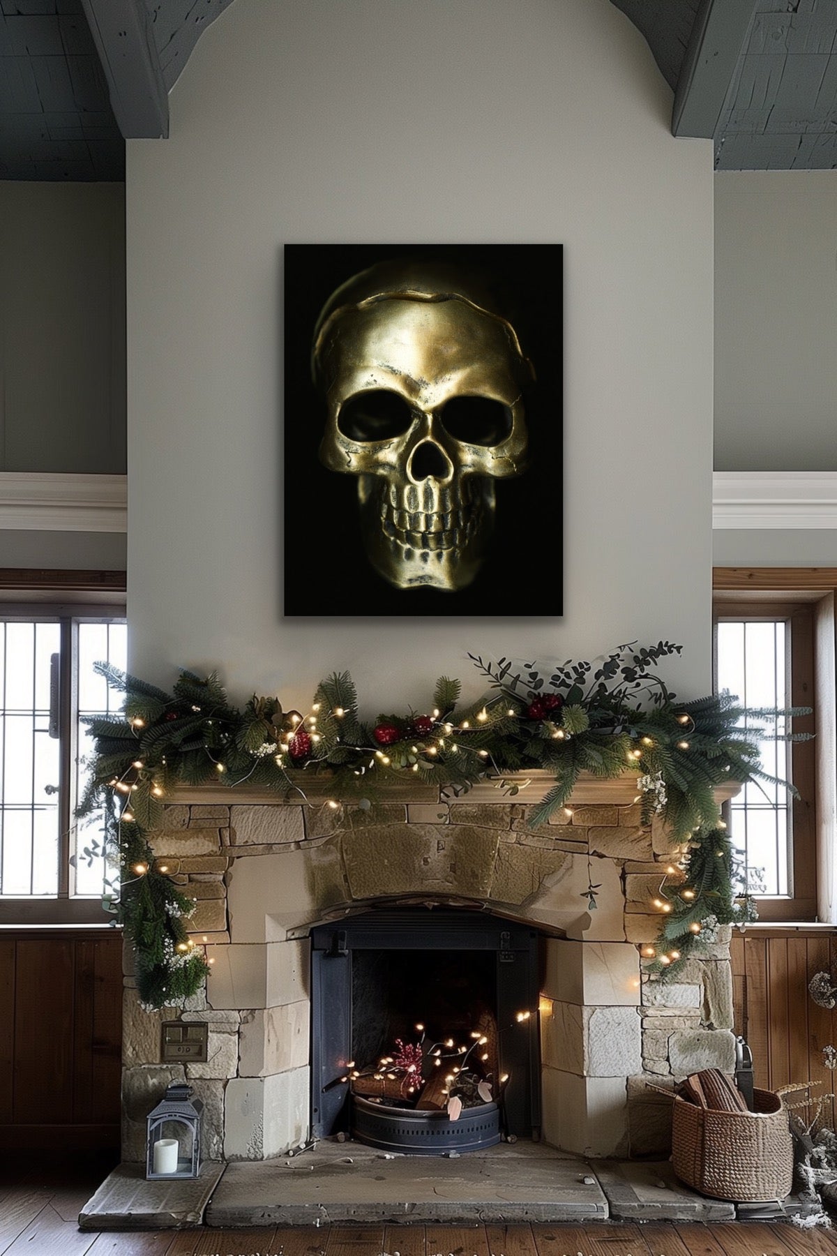 Gold skull on black goth Original Photography Halloween Wall art decor, Stretched Canvas, Fine Art Giclee PRINT, Small-X large, Susanna Shap