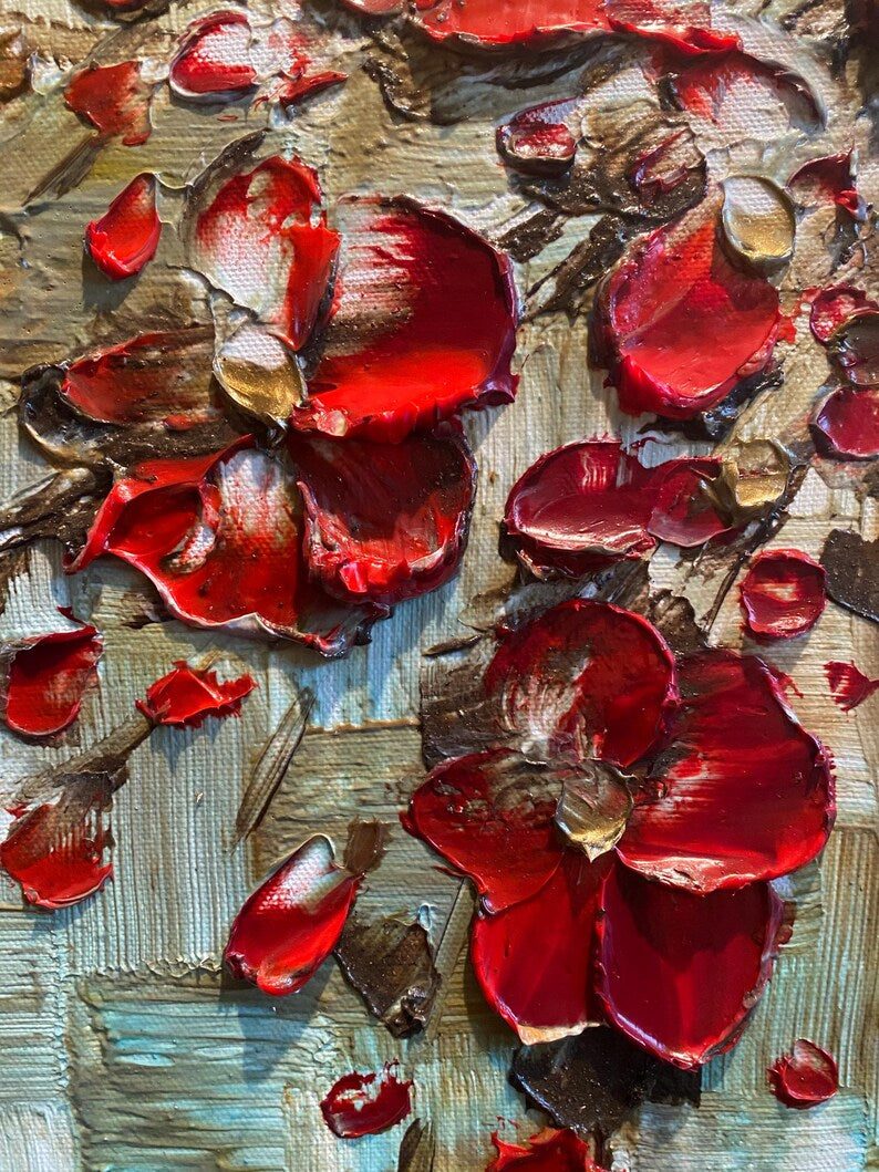 Original Abstract tree painting red cherry blossom textured palette knife impasto art by susanna shap (MADE2ORDER)