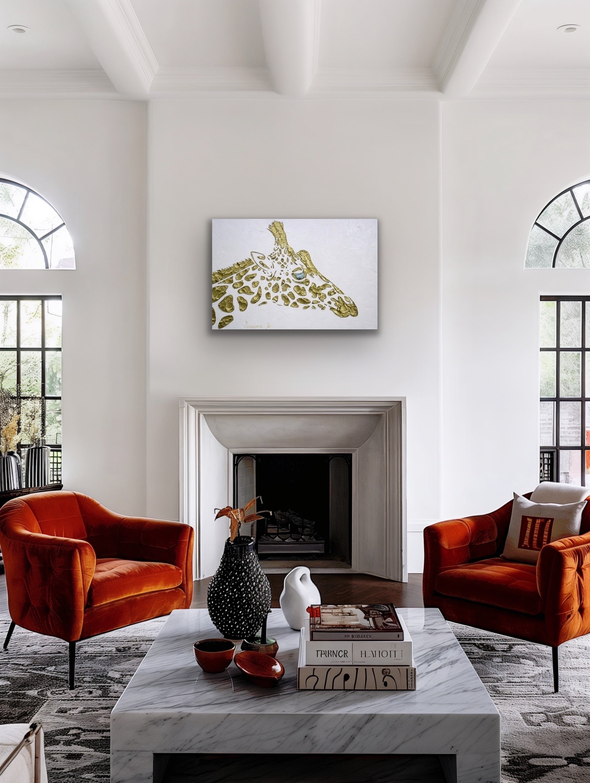 Abstract Original Giraffe Painting, Gold On White, palette knife impasto, 24”x36” MADE2ORDER
