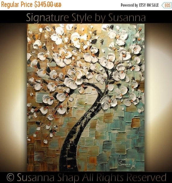 Original Abstract tree painting White cherry blossom textured palette knife impasto art in Earth Tones, by susanna shap (MADE2ORDER)