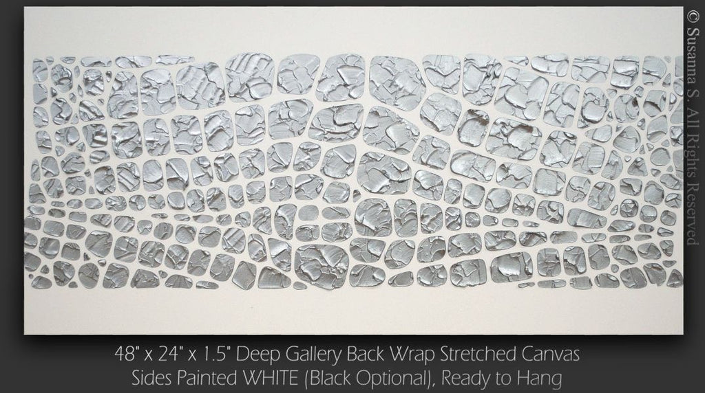 Original painting, metallic silver on white, Textured Large Abstract Art MADE2ORDER Mosaic Painting (48”x24”)