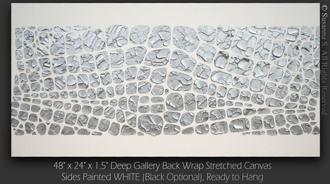 Original painting, metallic silver on white, Textured Large Abstract Art MADE2ORDER Mosaic Painting (48”x24”)