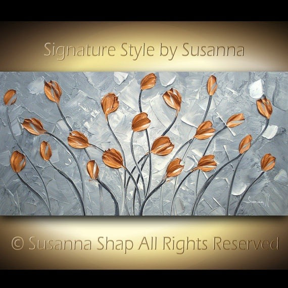 Original Painting Copper Tulips Abstract Landscape, Earth tones Grey Silver Impasto Textured palette knife art by susanna shap (MADE2ORDER)
