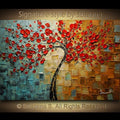 Original Abstract tree painting red cherry blossom textured palette knife impasto art by susanna shap (MADE2ORDER)