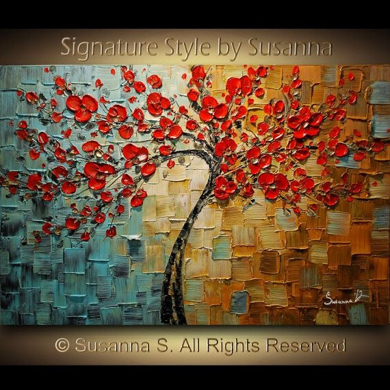 Original Abstract tree painting red cherry blossom textured palette knife impasto art by susanna shap (MADE2ORDER)