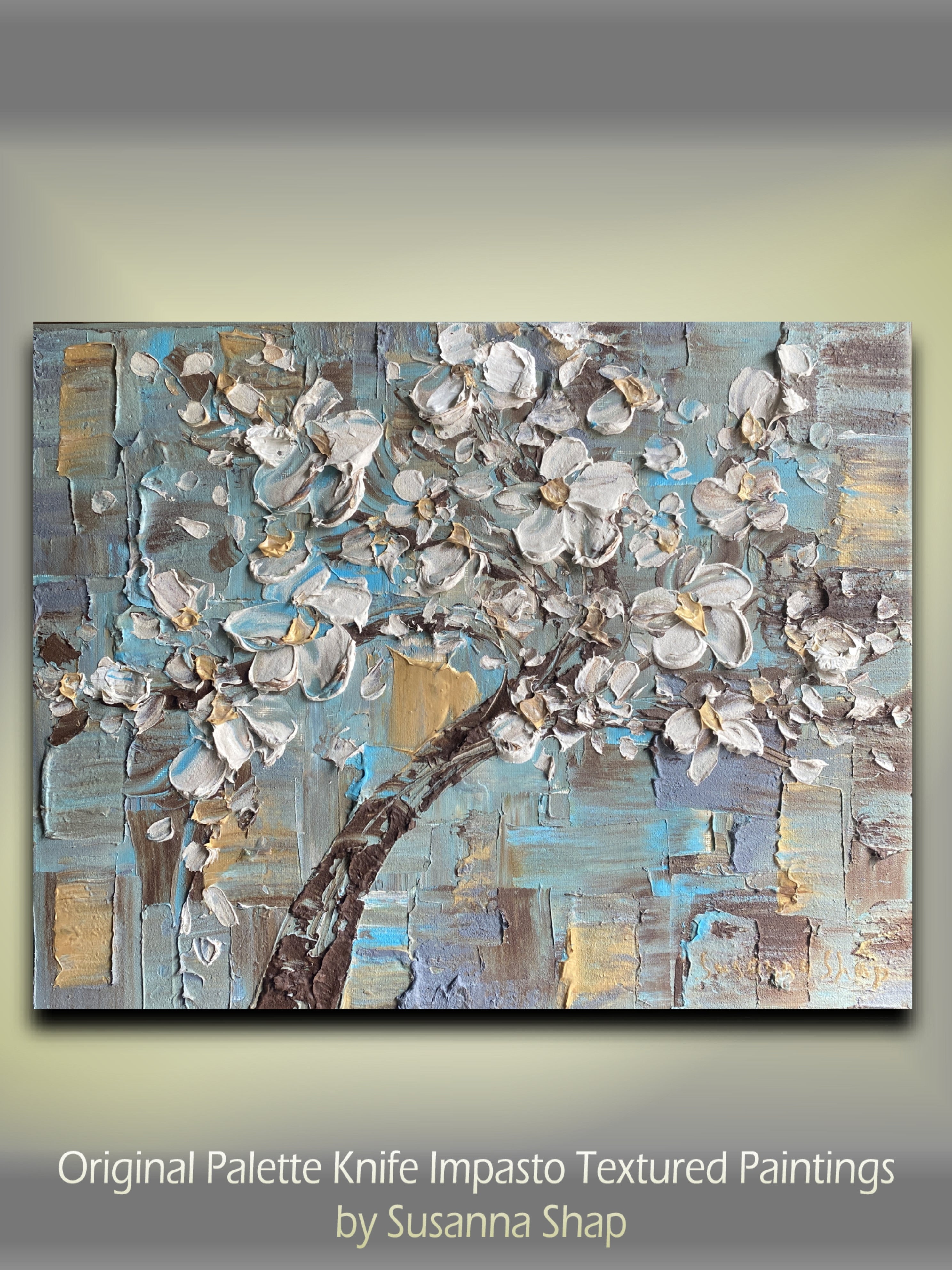 White cherry blossom oil painting Small ORIGINAL on canvas impasto Textured Palette knife Art 11x14" by Susanna Shap