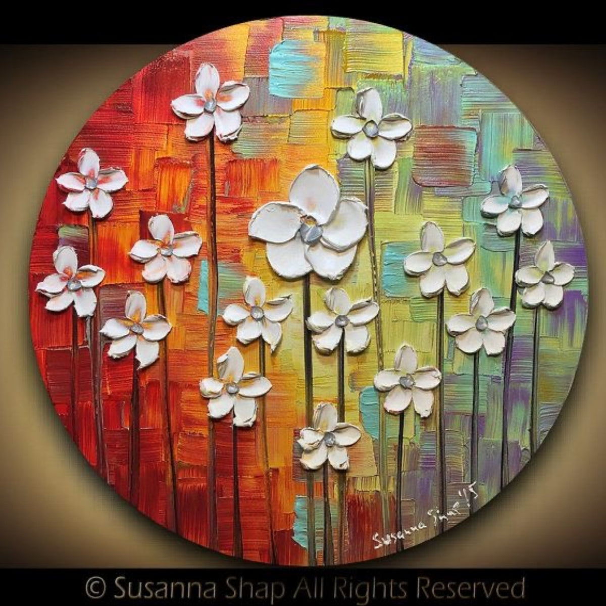 Original Round Canvas White Blossom Abstract Landscape Rainbow Multicolored Impasto Textured painting palette knife art by susanna shap (MADE2ORDER)
