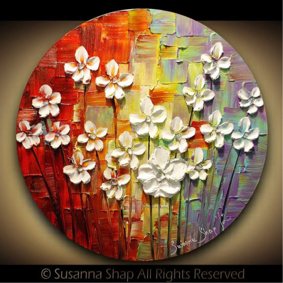 Original Round Canvas White Blossom Abstract Landscape Rainbow Multicolored Impasto Textured painting palette knife art by susanna shap (MADE2ORDER)