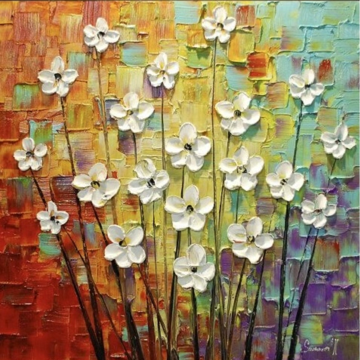 Original White Blossom Abstract Landscape Rainbow Multicolored Impasto Textured painting palette knife art by susanna shap (MADE2ORDER)