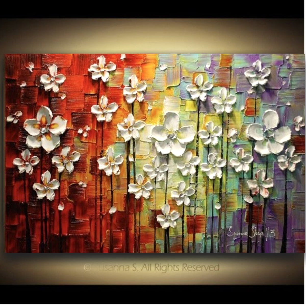 Original White Blossom Abstract Landscape Rainbow Multicolored Impasto Textured painting palette knife art by susanna shap (MADE2ORDER)