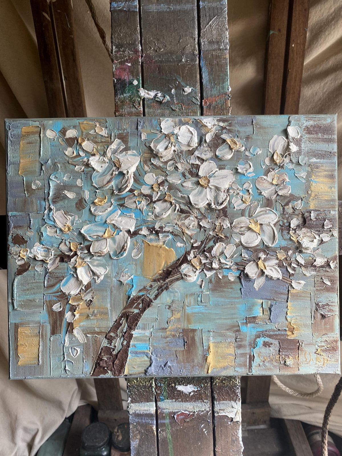 White cherry blossom oil painting Small ORIGINAL on canvas impasto Textured Palette knife Art 11x14" by Susanna Shap