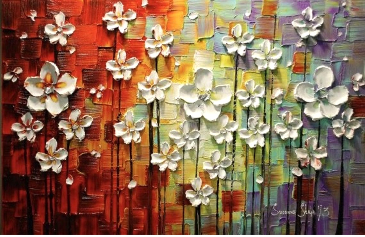 Original White Blossom Abstract Landscape Rainbow Multicolored Impasto Textured painting palette knife art by susanna shap (MADE2ORDER)
