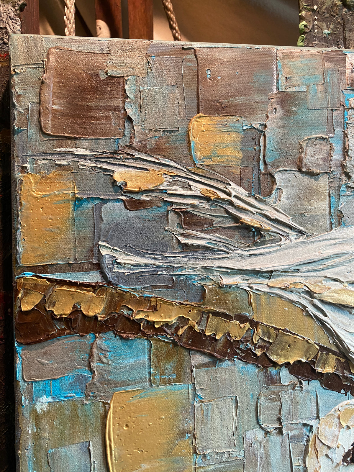 Birds on a branch oil painting ORIGINAL on canvas impasto Textured Palette knife Art 20x20" by Susanna Shap