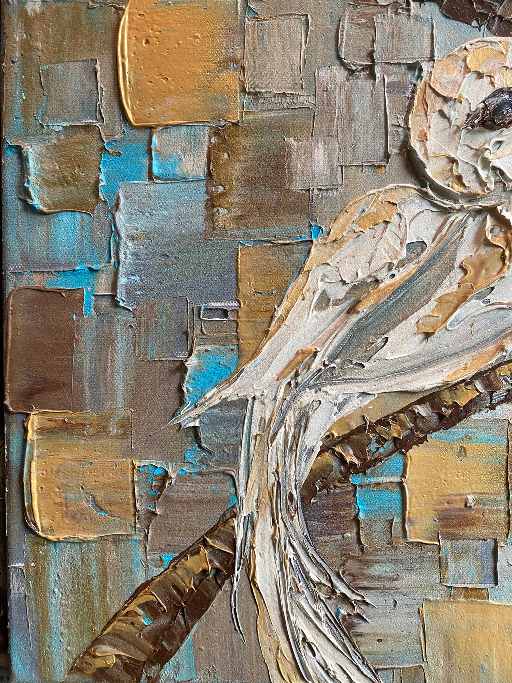 Birds on a branch oil painting ORIGINAL on canvas impasto Textured Palette knife Art 20x20" by Susanna Shap