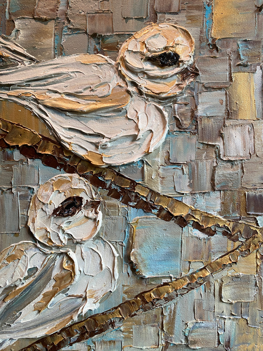 Birds on a branch oil painting ORIGINAL on canvas impasto Textured Palette knife Art 20x20" by Susanna Shap