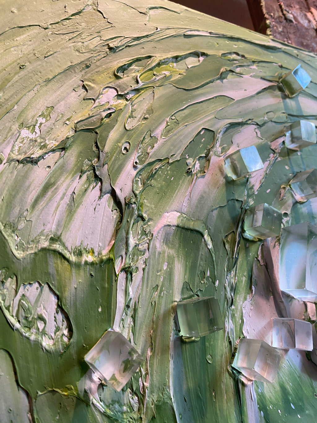 Green ice matcha latte- abstract textured art ORIGINAL painting on canvas mixed media impasto Palette knife Art 20x20” by Susanna Shap